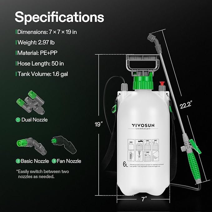 VIVOSUN 1.6 Gal/6L Pump Sprayer, Garden Water Sprayer for Plants, Weeds & Lawn Care, with 3 Nozzles, 50'' Long Hose & Pressure Relief Valve