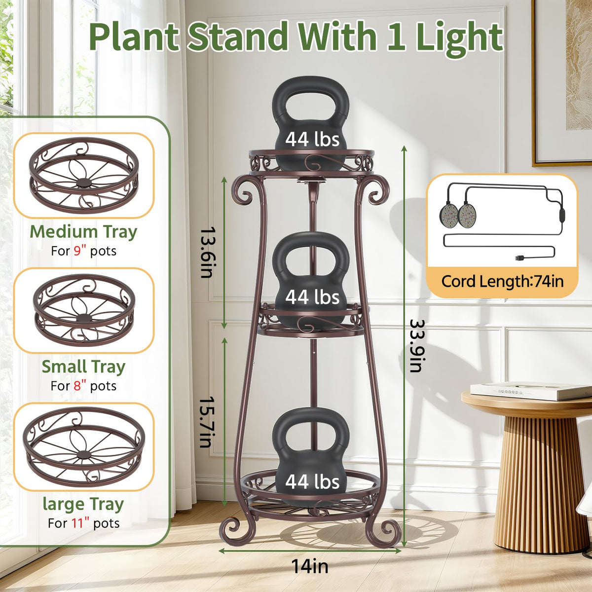 LASZOLA 3 Tiers Metal Corner Plant Stand Tall with Light for Indoor Outdoor