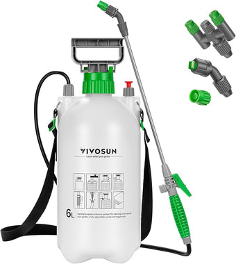VIVOSUN 1.6 Gal/6L Pump Sprayer, Garden Water Sprayer for Plants, Weeds & Lawn Care, with 3 Nozzles, 50'' Long Hose & Pressure Relief Valve