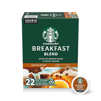 Starbucks K-Cup Coffee Pods, Medium Roast Hot or Iced Coffee, Breakfast Blend, 22 Keurig Pods