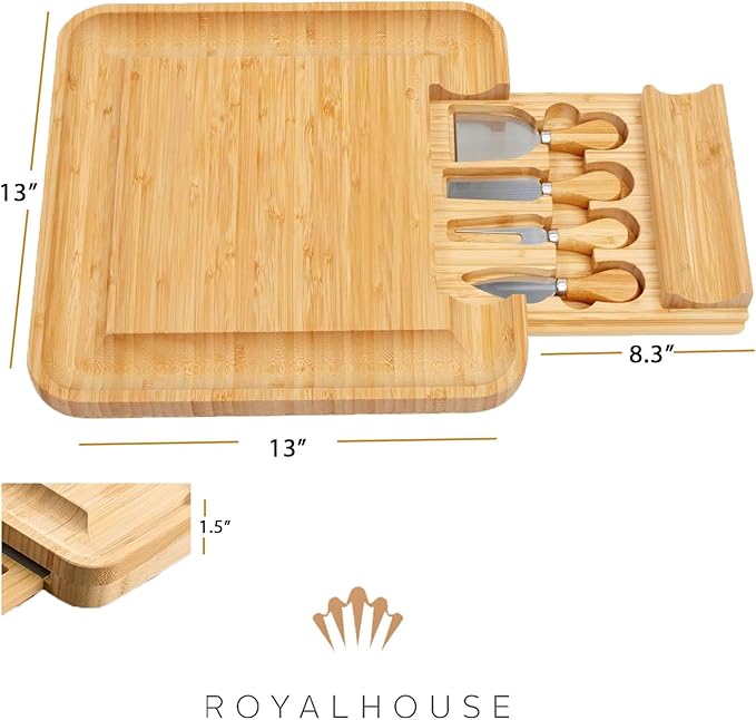 RoyalHouse Bamboo Cheese Board and Knife Set with Slide-Out Cutlery Drawer - Charcuterie Boards Set & Cheese Platter - Birthday Gifts for Women, Wedding Gifts for Couples 2025, Bridal Shower Gifts