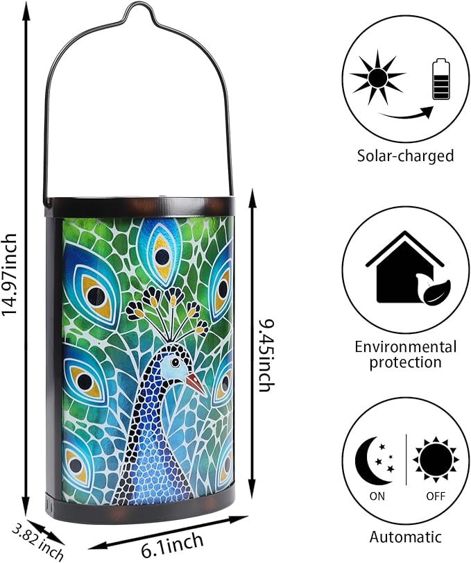Hanging Solar Lantern Outdoor Waterproof Peacock Solar Lights Glass Tabletop Decorative Lamp for Outdoor Patio Garden Outside Yard Decor