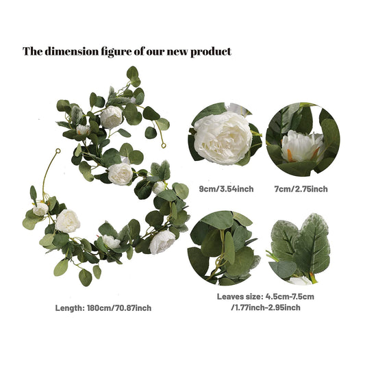 MISSPIN 2pcs Artificial Flowers Garland Spring Eucalyptus Garland Vintage Fake Flower Peony Rose Vine Greenery Decorative Wall Hanging Plant for Wedding Arch Door Arrangement Party Decor (White,2pcs)