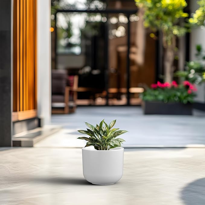 Kante Round Concrete Planter, 9 Inch Dia Classic Style Large Plant Pot with Drainage Hole for Indoor & Outdoor Plants, Ideal for Home, Patio, Garden, White