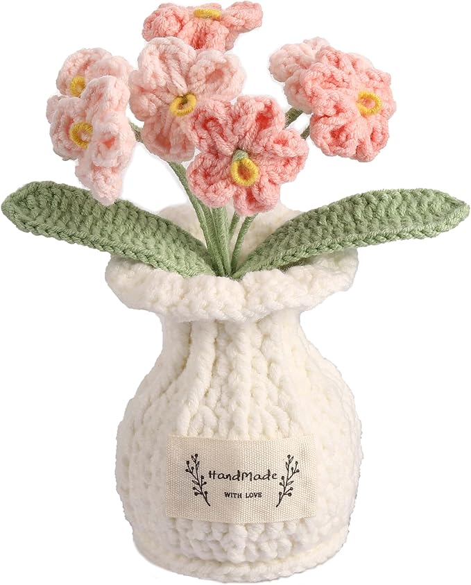 YOOJEE Forget-me-not Crochet Flower Potted Plant Pink - Handmade Desk Decor Valentines Day Gifts for Her Girlfriend Wife Mom Friends Sister Graduation Birthday Wedding Anniversary Home Decoration