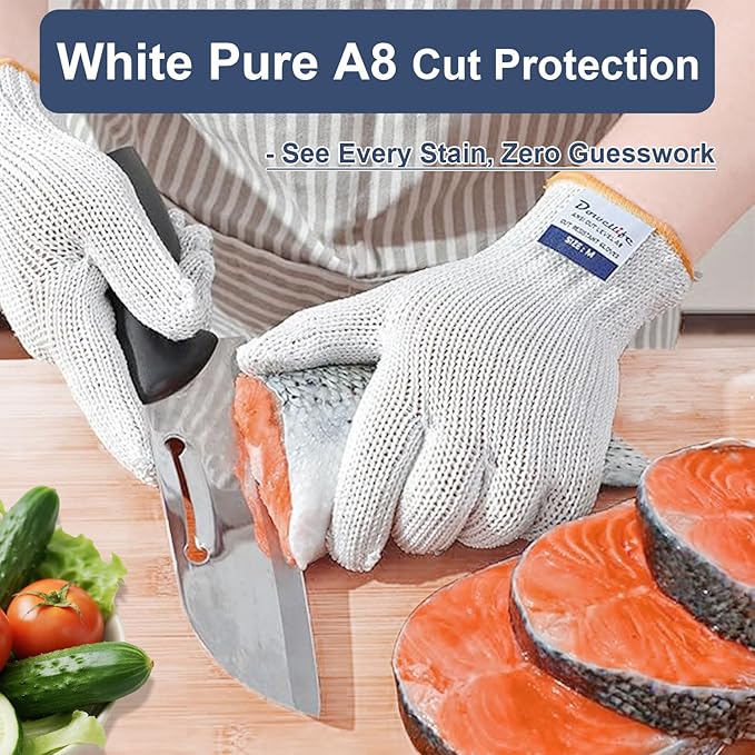 Dowellife Level 8 Reinforced Cut Resistant Gloves, Food Grade, Knife Safety Gloves for Meat Cutting, Oyster Shucking, Fish Fillet, Kitchen Slicing and Wood Carving, Small
