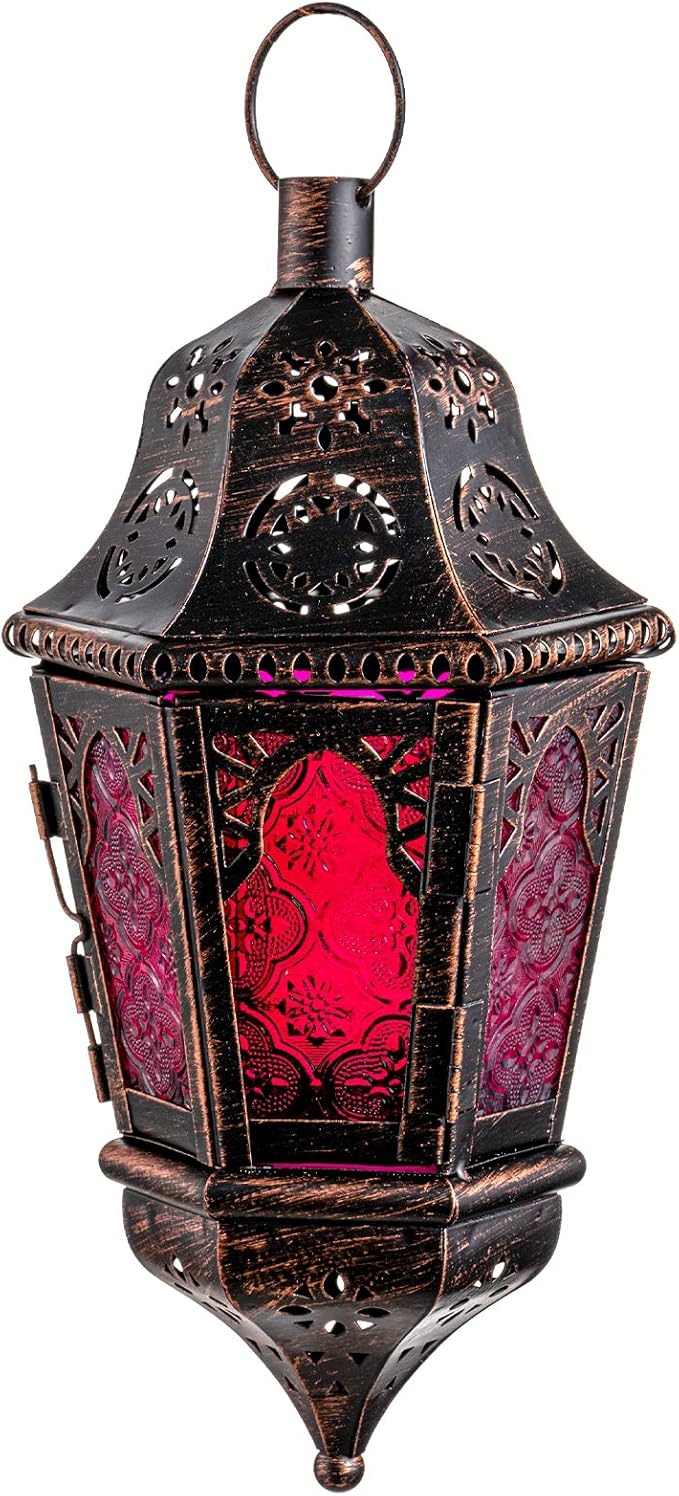 DECORKEY Ramadan Decorations, Lantern Decorative Indoor & Outdoor, 13.6’’ Moroccan Vintage Decorative Hanging Lantern with Chian for Home Porch Patio Decor, Metal Christmas Candle Holders(Rose Red)