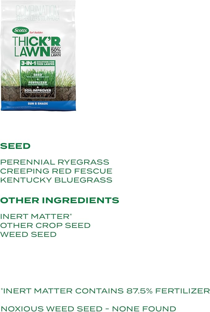 Scotts Turf Builder Thick'R Lawn Sun and Shade, Combination Seed, Fertilizer and Soil Improver, Thickens Thin Grass, 12 lbs.