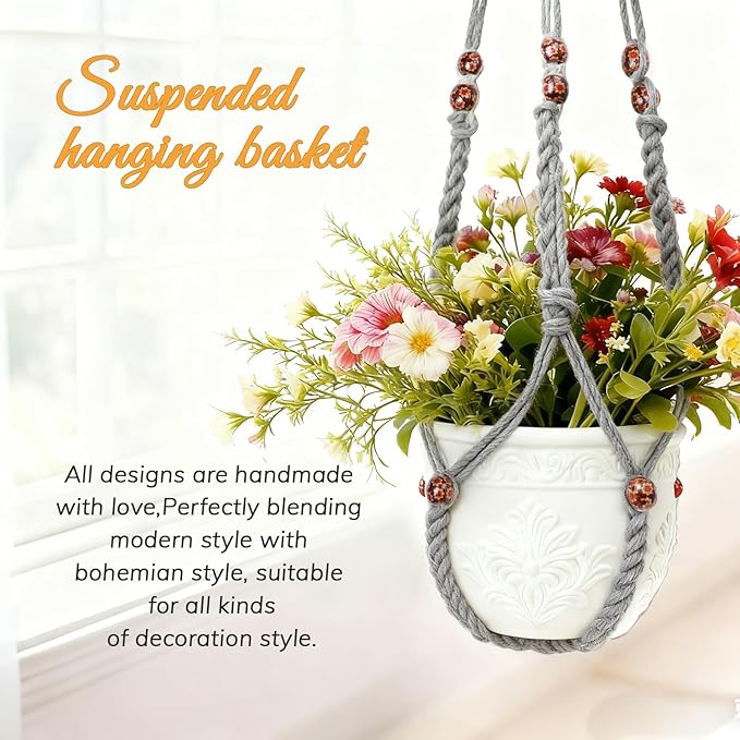 HOREAKHJ 35 Inch Macrame Plant Hanger, Large for up to 15 Inch Pot Extra Long Hanging Planter Holder Basket with Wood Beads for Indoor Outdoor Home Decor (Grey, 2-Pack)