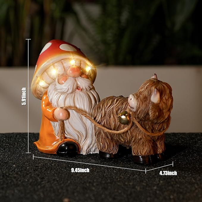 Solar Garden Gnome Statue with Highland Cow – Mushroom Hat with LED Lights, Funny Yard Decor for Outdoor Lawn, Patio, Porch or Pathway