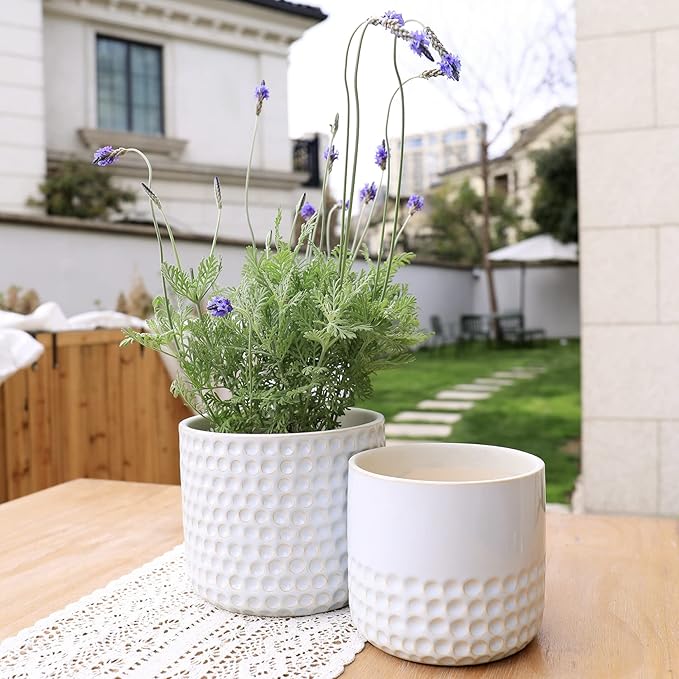 La Jolie Muse Ceramic Planter - 6.7+5.5 Inch Concave Dot Patterned Cylinder Flower Pot W/ Drain Hole for Indoor, Set of 2, Glacier Gray
