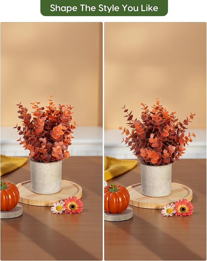 Velener 2 PCS Small Fake Eucalyptus Plant Artificial Potted Plants Indoor for Desk, Shelf, Home Decor Realistic Faux Plant for Office, Bathroom, Living Room Decoration (Fall Orange)