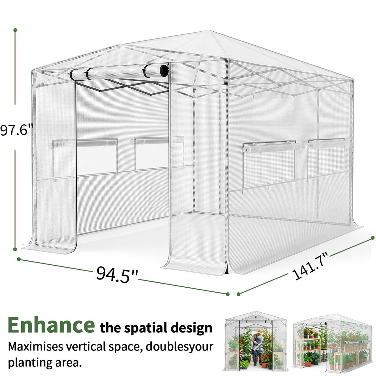 Outvita 8x12ft Greenhouse, Instant Walk-in Pop Up Tent Greenhouse for Indoor Outdoor Gardening Easy Setup Shelter with Roll-up Zipper Entry Doors and Windows