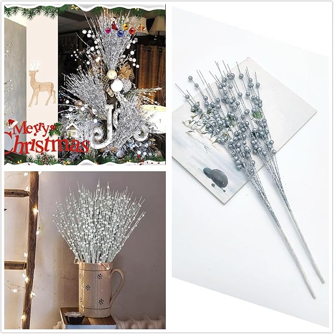 Artificial Berries Stems Ornaments 17 Inch, Sparkling Christmas Tree Picks, Glittery Berry Stems Fake Plant Picks and Branches for Xmas Wreath Ornaments Holiday Home DIY Decor - Silver 10 Pack