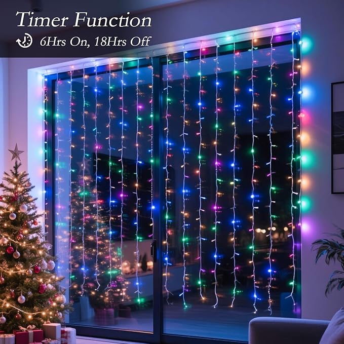 300 LED Rainbow Curtain String Lights 9.8 * 9.8FT Plug in Fairy with Timer and 8 Modes, Waterproof Window Wall Lights for Bedroom Wedding Party Indoor Outdoor Christmas Decor