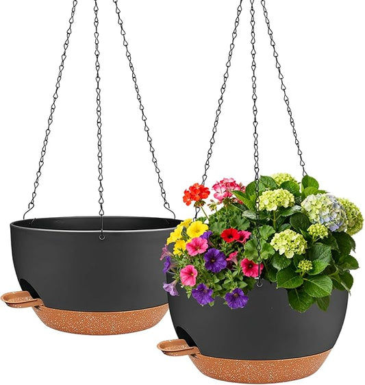 CNLBO 12 inch Hanging Planters for Indoor Outdoor Plants, 2 Pack Self Watering Hanging Planter with Drainage Holes and Saucer, Plastic Hanging Flower Pots with Chains for Kitchen, Balcony, Garden