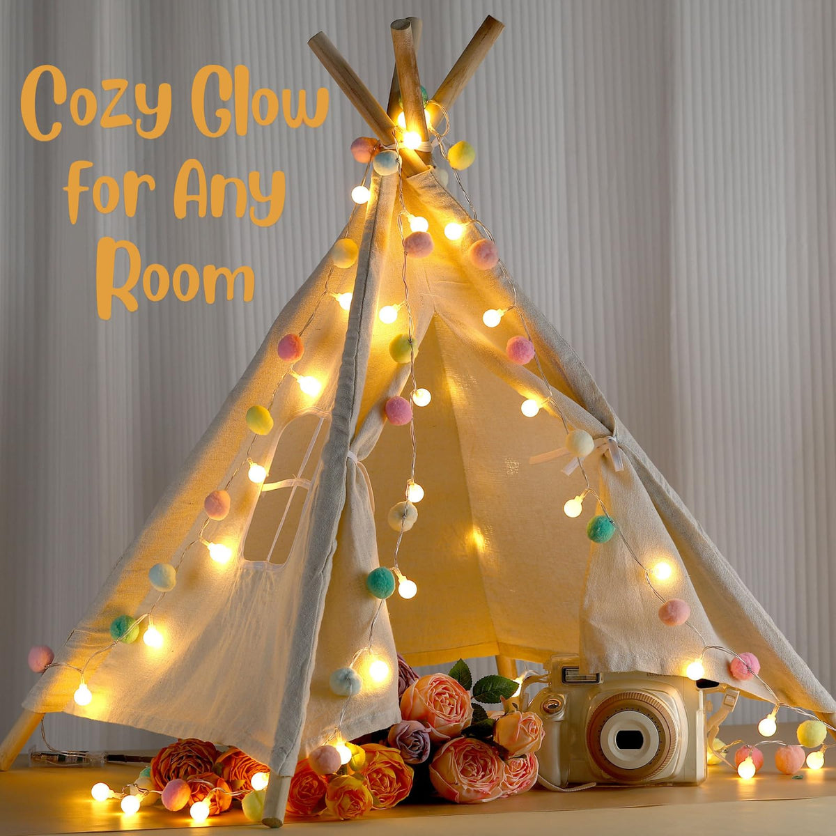 9.84FT Pom Poms Fairy Lights - 30 LED Battery & USB Operated String Lights with Warm White Globe Balls - Cute Indoor Decor for Bedroom Kids Room Playhouse Back to School Birthday Baby Shower - Pastel
