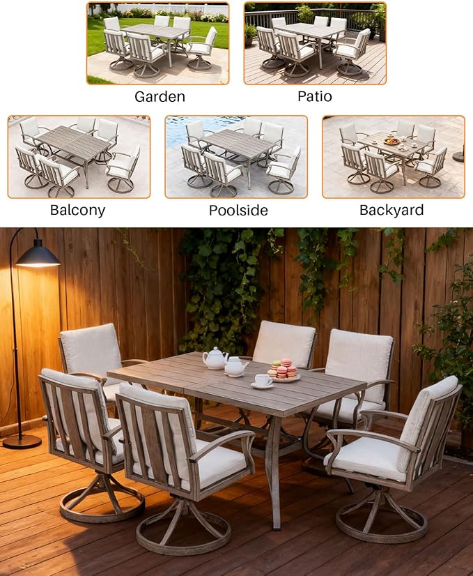 Patio Dining Table for 6, All Weather Outdoor Dining Table with Umbrella Hole, 59.8" x 35.8" Rectangle Patio Table, 6 Person Aluminum Outdoor Patio Table for Deck, Garden Poolside, Limed Oak