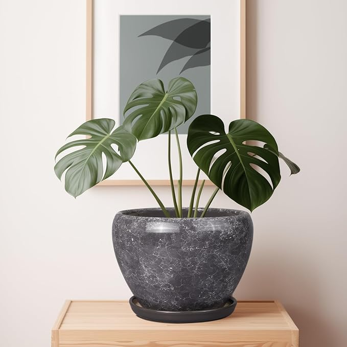 Ceramic Planters for Indoor Plants - 10 Inch Plant Pot with Drainage Hole and Saucer, Large Flower Pot for Home Decor, Gray
