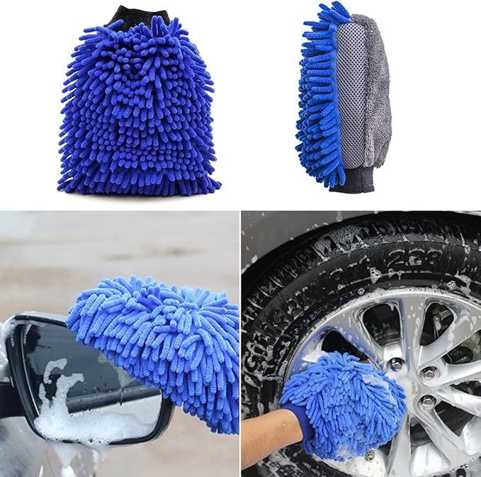 Car Wash Brush With Long Handle, Chenille Microfiber Mop Mitt, 1 Replacement Head, Wheel Brush Extension Pole, Cleaning Kit With Towels for Cars Trucks 5PCS