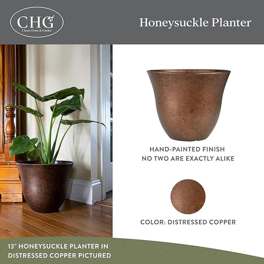 Classic Home and Garden Honeysuckle Resin Planters - Lightweight Indoor & Outdoor Plant Pots - UV-Resistant Plastic Flower Pots - Pot Planters for Flowers & Herbs (15" Distressed Copper)