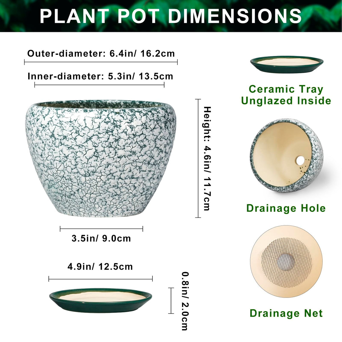 Thirtypot Ceramic Plant Pot, 6 Inch Planters Indoor, Crackle Green