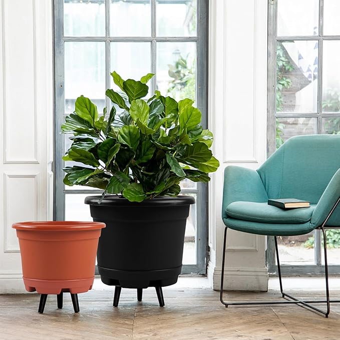 KPUVX 5 Pack 8.5 inch Plant Pot,Outdoor Flower Pots,Plastic pots for Plants Indoor with Drainage Holes and Trays, Decorative Garden Containers Sets for Houseplants