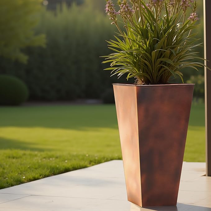 Worth Garden 12" Dia x 25" H Large Metal Planter Set of 2, Matte Bronze Retro Finish Tall Square Tapered Steel Plant Pots, Decor Flower Pot Indoor & Outdoor, Drainage Hole & Dual-Purpose Plant Saucer