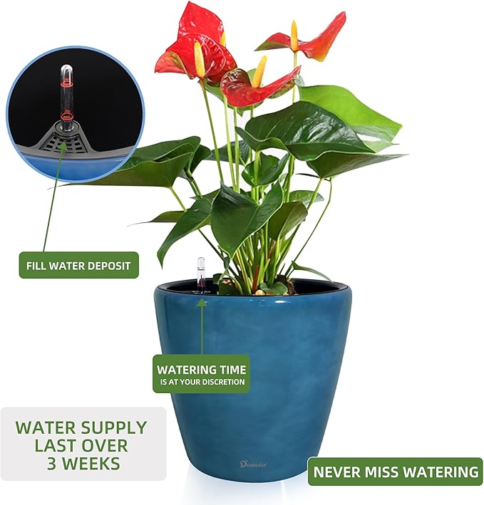 Dexceder 18x17 Self Watering Planter with Wheels Indoor Outdoor, Inner Pot Design, Thickened Large Floor Standing Flower Plant Pot with Water Level Indicator (Peacock Blue Gradient)