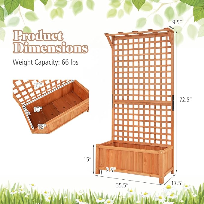 S AFSTAR Planter with Trellis Set of 2, 35.5x17.5x72.5 inch Wood Planter Box with Lattice Trellis & Hanging Roof, Removable Base, Plant Box for Climbing Plant Flower Rose Grape Cucumber