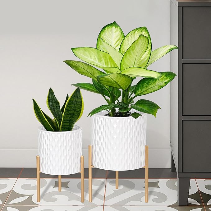 ARNIS Plants Pots with Stand, Set of 2 P lanters, Unique Mid Century Decorative Metal Flower Pots with Drainage, 8.25 & 10.5 Inch, White and Gold