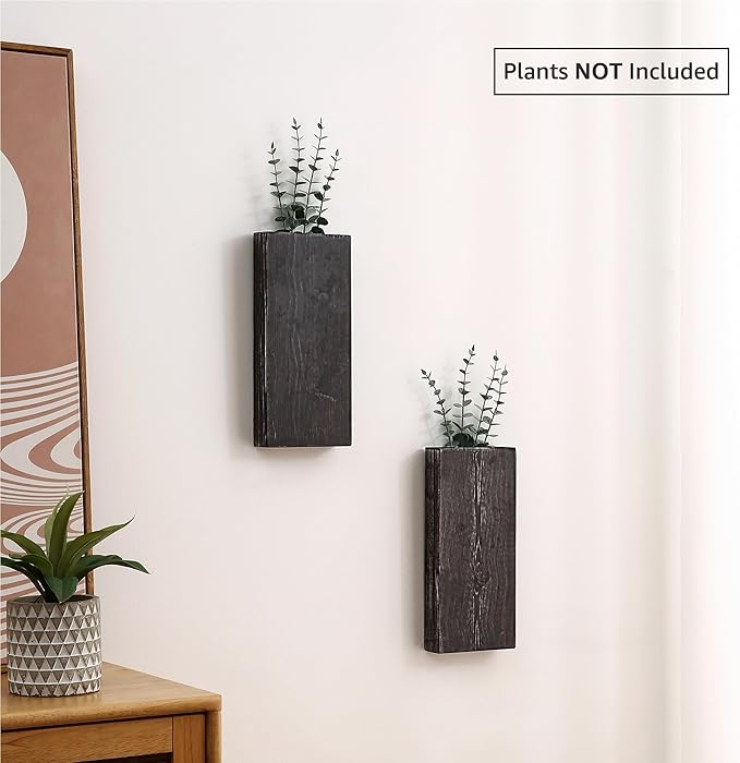 Wood Wall Planter Set of 2, Wood Wall Pocket for Greenery and Dried Flowers, Indoor Wood Hanging Vase Modern Farmhouse Wall Decor for Living Room Bedroom Office Eucalyptus Stems Decorations (Expresso)