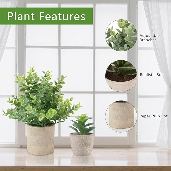 ALAGIRLS 4 Pack Small Fake Plants, 10" Artificial Plants Indoor Eucalyptus/Rosemary/Succulents, Small Faux Plants in Pulp Pot for Bathroom Bedroom Kitchen Office Living Room Decor