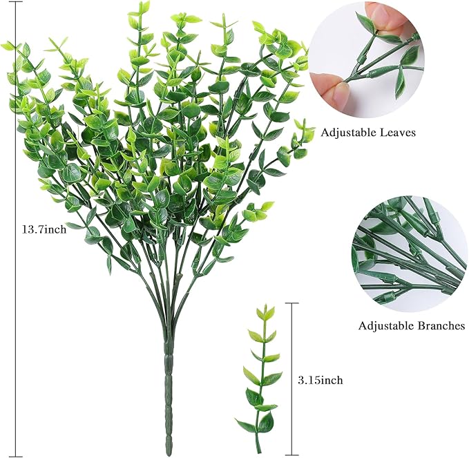 AmyHomie 20 Bundles Green Artificial Plants for Outdoor Spring Summer Decor UV Resistant Faux Wheat Grass Greenery Shrubs Eucalyptus Fake Plastic Plants Garden Porch Window Box Decorating