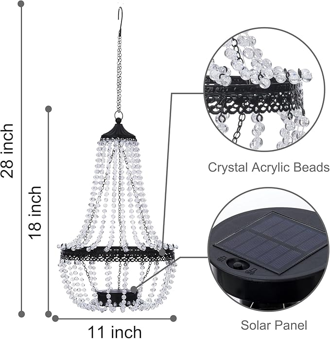 Hanging Solar Lantern Outdoor, 28” Modern Clear Crystal Acrylic Chandelier with 30 Cool White Lights S Hook for Garden, Yard, Patio, Gazebo Decorations