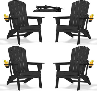 nevilywood Folding Adirondack Chair with Cup Holder Set of 4, HDPE Patio Chairs,All-Weather Outdoor Chairs for Backyard, Deck,Fire Pit-Black