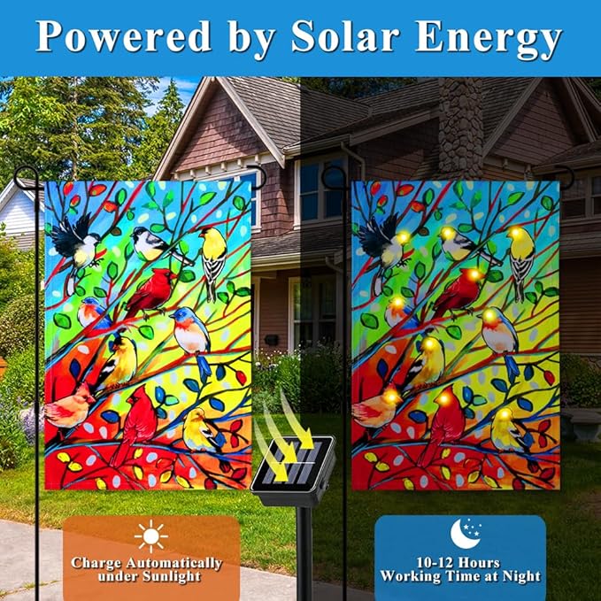 Lighted Tree Birds Garden Flags 12x18 Double Sided Solar LED Flashing Yard Flag for Lawn Outdoor Patio Decorations (Stand Not Included)