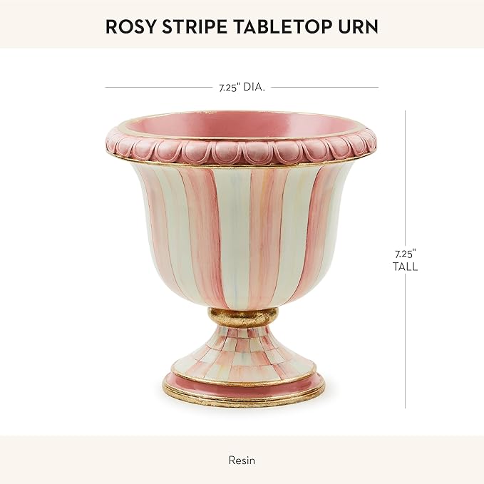 MACKENZIE-CHILDS Pedestal Tabletop Urn, Decorative Centerpiece for Table, Mantel, or Shelf, Small, Pink-and-White Rosy Stripe
