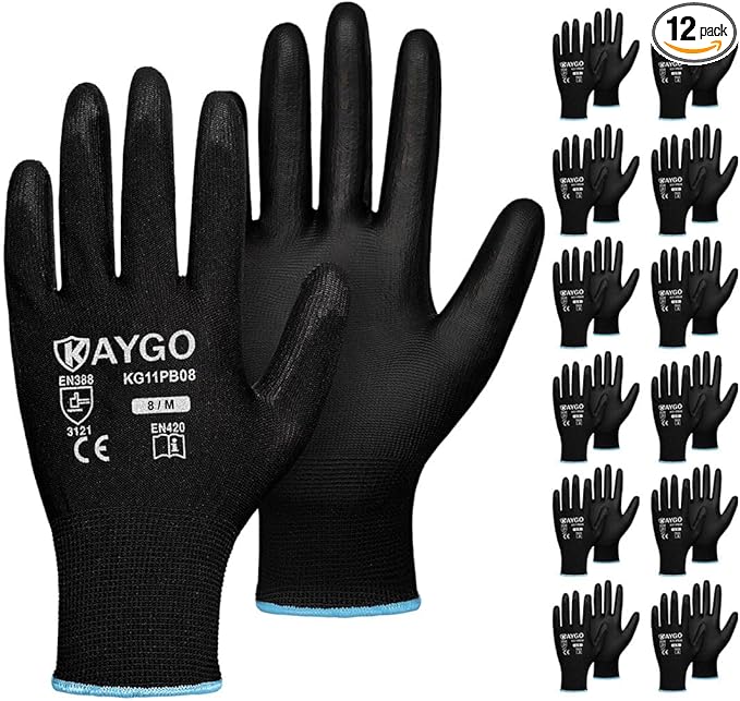 KAYGO Safety Work Gloves PU Coated,12 Pairs KG11PB Seamless Knit Glove for Men and Women, with Smooth Grip on Palm and Fingers, Ideal for General Duty Work (Medium, Black)