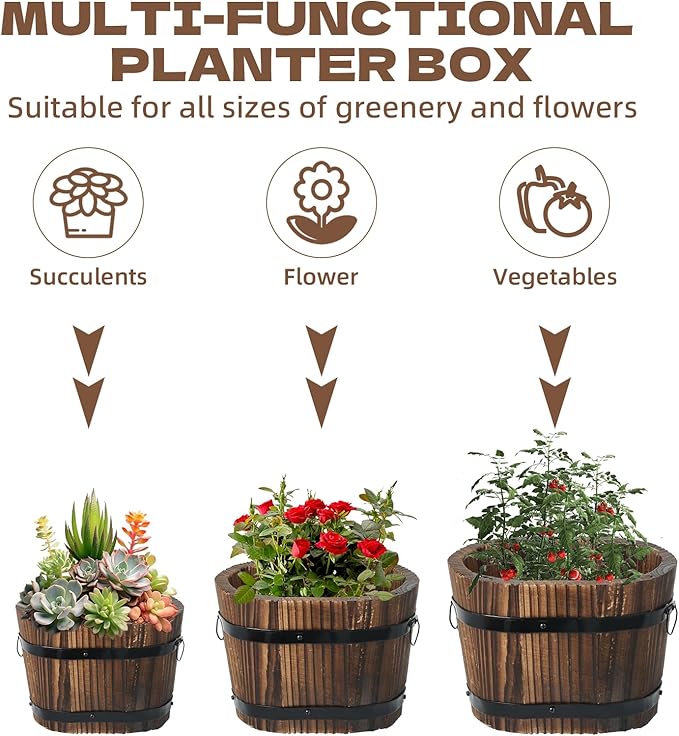 3 Pcs Wooden Whiskey Barrel Planters, Wooden Flower Planters Pots Boxes with Metal Handles 3 Sizes Planting Wood Buckets Tree Pot for Indoor Outdoor Garden Home Plants