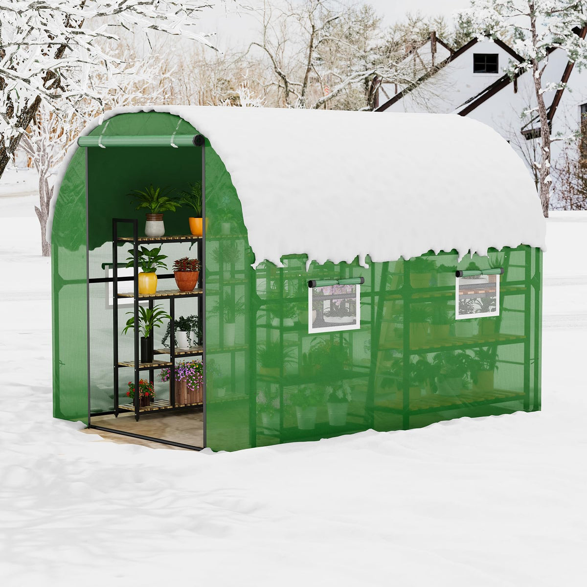 Patikuin Large Walk-in Tunnel Greenhouse, Heavy Duty Galvanized Steel Frame, Mesh Door & Windows, Roll-Up Zipper Door, UV-Protected PE Cover for Garden Plants, Green