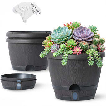 Sun-E 10 Inch Whiskey Barrel Self Watering Planters, Wood Look, 3-Pack