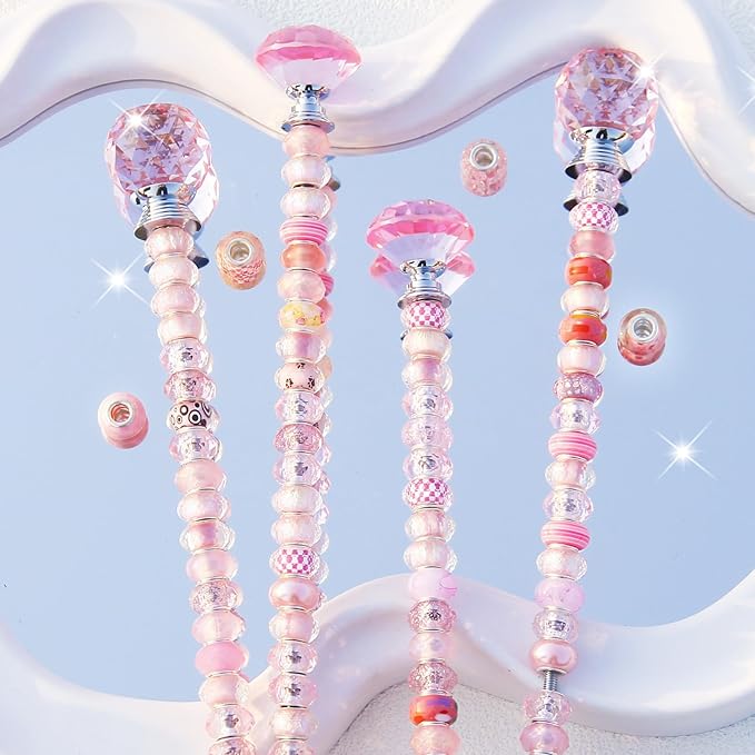 119 Pcs Garden Stake DIY Fairy Wand Plant Stake with Pink Large Hole Beads Crystal Diamond Stopper Top 4 Stainless Steel Threaded Rod Beaded Garden Stakes for Outdoor Indoor Yard Patio Decorations