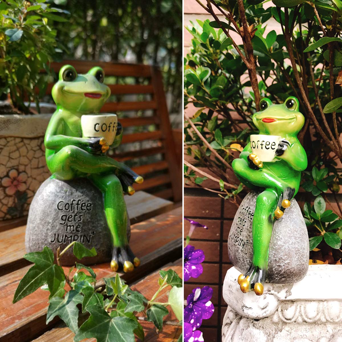 OwMell Frog Statue for Garden Decor, Drinking Coffee Green Frog Figurine