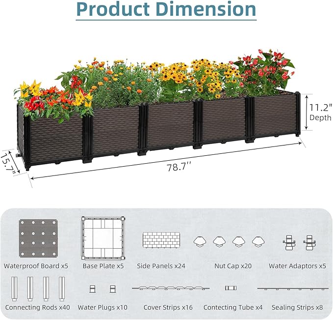Large Raised Planter Box Outdoor Self Watering 78.7"x15.7"x14.2", Deep Raised Garden Bed - Elevated Garden Box with Drainage Plug, Rectangular Garden Planter Perfect for Patio Balcony Deck