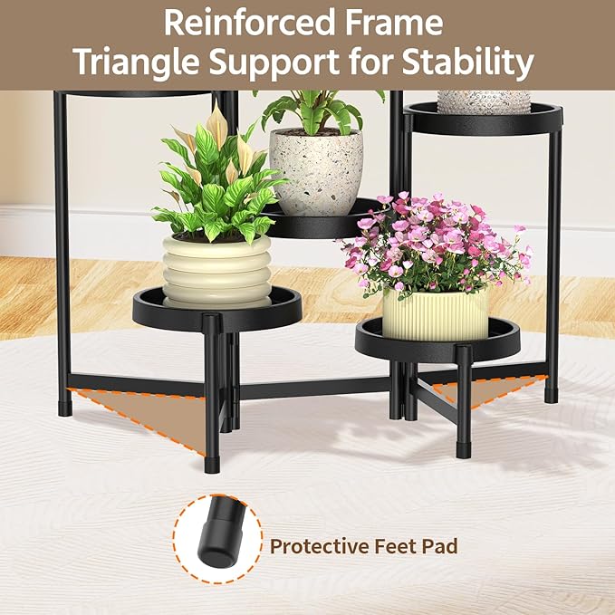 LASZOLA 6 Tiered Folding Plant Stand Indoor for Multiple Large Planter, Tall Heavy Duty Adjustable Rack with Rust Proof Plastic Shelving, Sturdy Vertical Tree Organizer for Narrow Inside Floor, Black