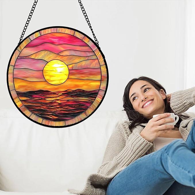 Stained Glass Window Hanging, Sunrise Sea Surface Sun Catchers Diamond Glass Panel Hangings Abstract Suncatcher Decor for Birthday for Women, Men, Wife, Aunt, and Mom 14.9 in