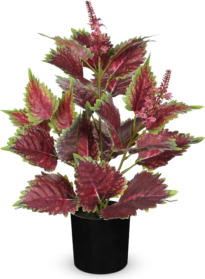 Artificial Plants Indoor with Pot 16.9" Faux Potted Perilla Plants Indoor Decorative Silk Greenery in Black Pot for Farmhouse Home Bathroom Living Room Office Table Shelf Decor