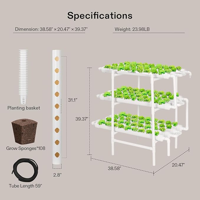 VIVOSUN Hydroponics Growing System 108 Plant Sites, 3 Layers 12 Food-Grade PVC-U Pipes Gardening System Grow Kit with Water Pump Timer, Nest Basket and Sponge for Leafy Vegetables