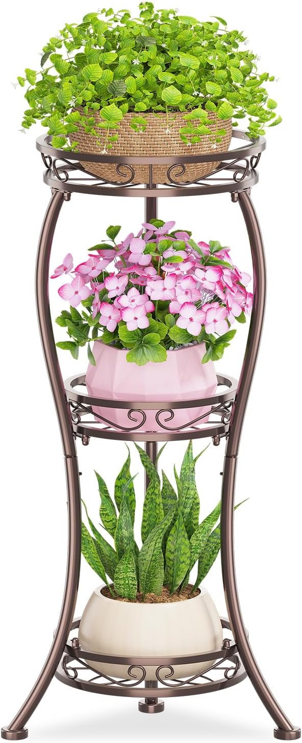 KMOTASUO 3 Tier Tall Plant Stand Indoor Outdoor for Large Planter, Multiple Level Flower Holder Organizer Rack for Patio Office Bathroom Corner, Sturdy Heavy Duty Metal, Vertical Display, Bronze